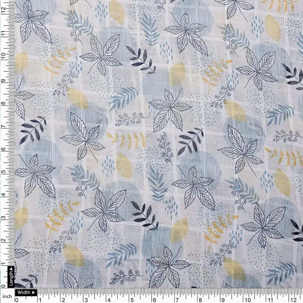 Stunning Linen Fabric Adorned with Vibrant Feathers and Leaves - Image 4