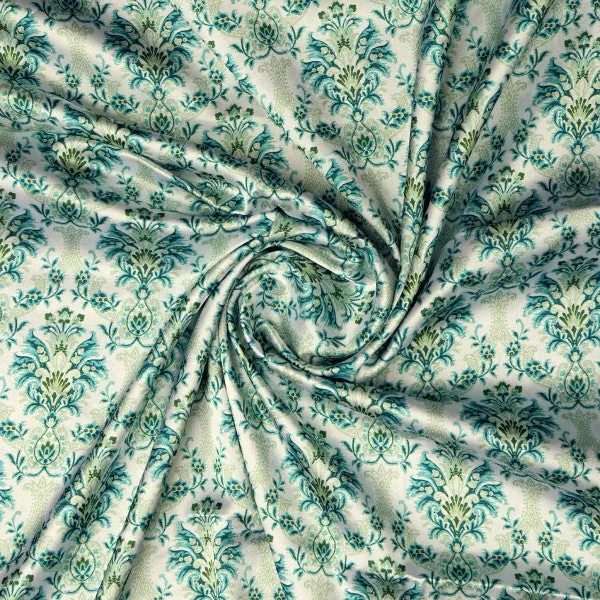 Teal and Green Damask Floral Printed Japan Satin Fabric - Image 2
