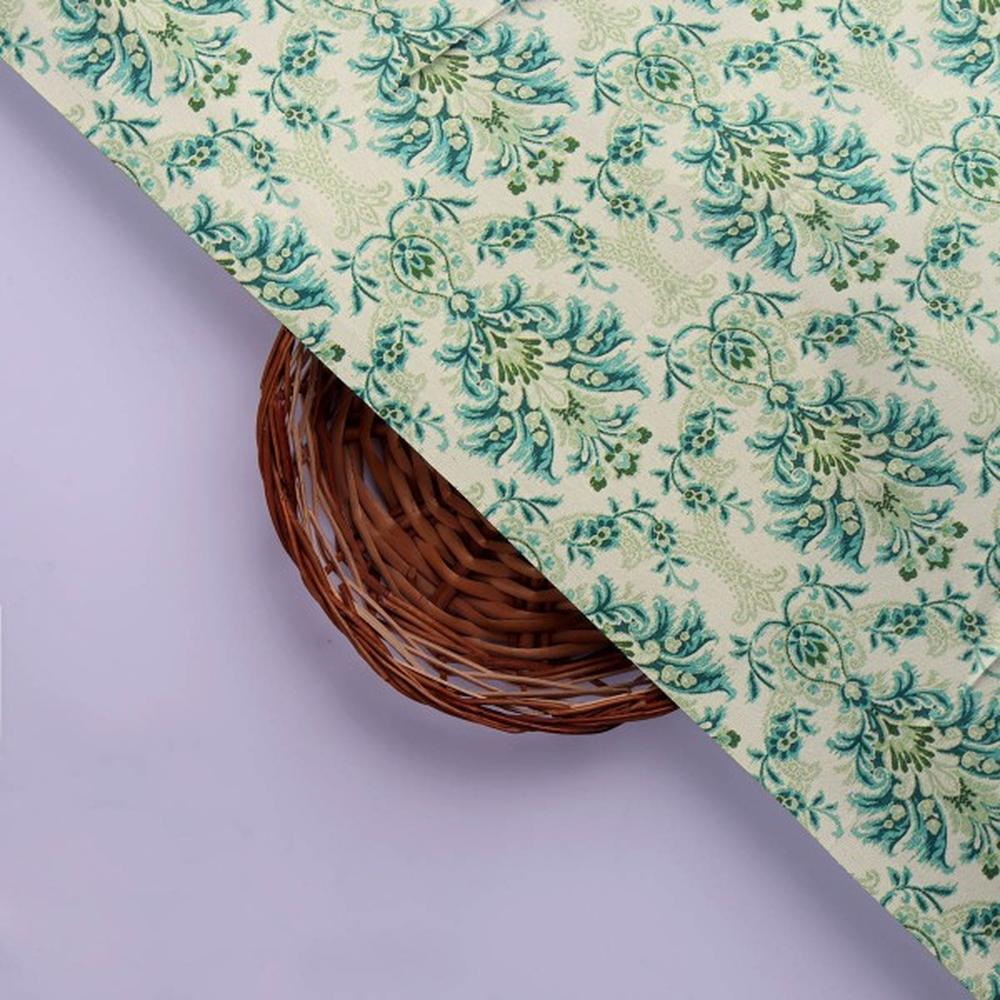 Teal and Green Damask Floral Printed Japan Satin Fabric - Image 3