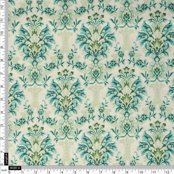 Teal and Green Damask Floral Printed Japan Satin Fabric - Image 4