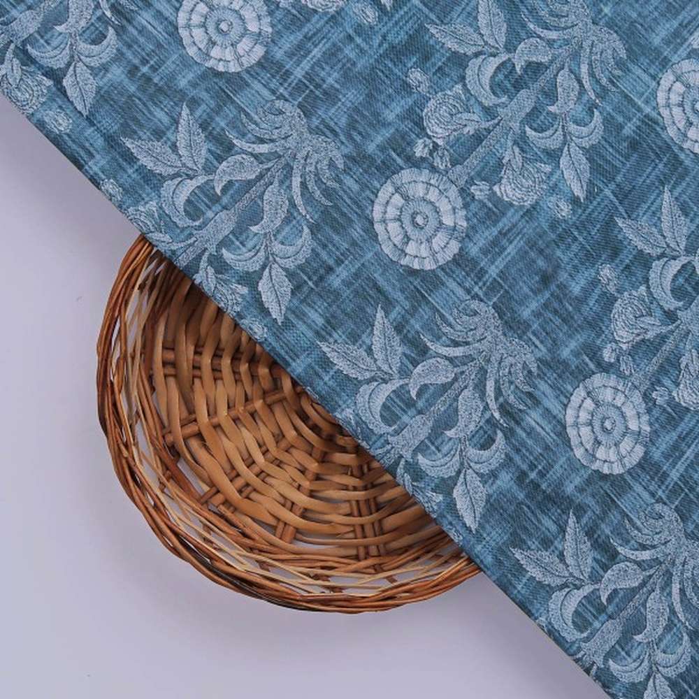 Teal Blue Damask Inspired Ethnic Floral Rayon Fabric - Image 2