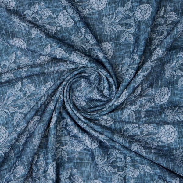 Teal Blue Damask Inspired Ethnic Floral Rayon Fabric - Image 3