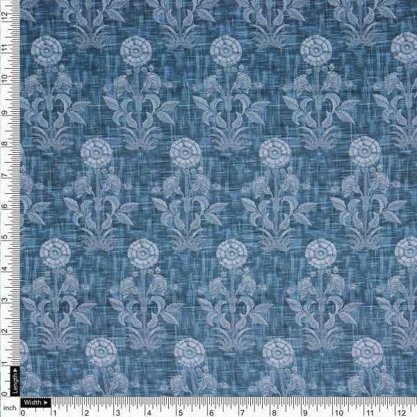 Teal Blue Damask Inspired Ethnic Floral Rayon Fabric - Image 4
