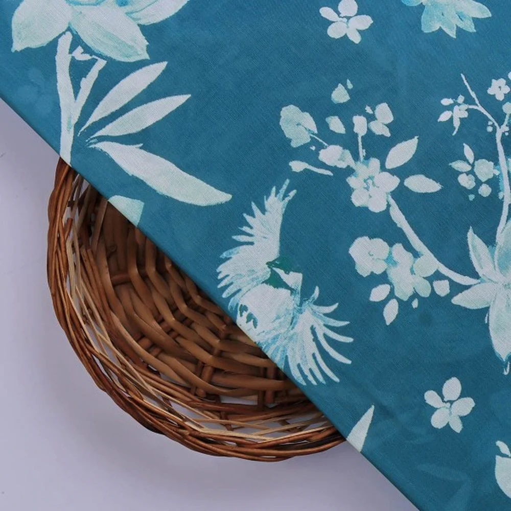 Teal Blue Floral & Bird Print Muslin Fabric for Dresses - Image 2