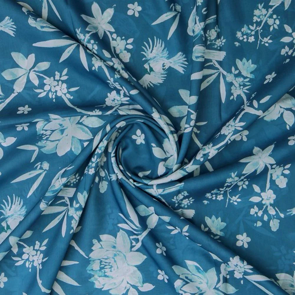 Teal Blue Floral & Bird Print Muslin Fabric for Dresses - Image 3