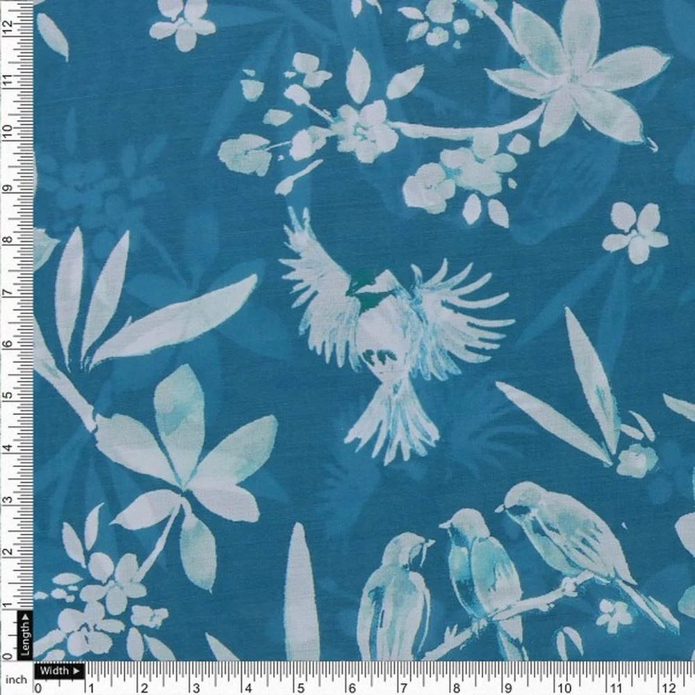 Teal Blue Floral & Bird Print Muslin Fabric for Dresses - Image 4