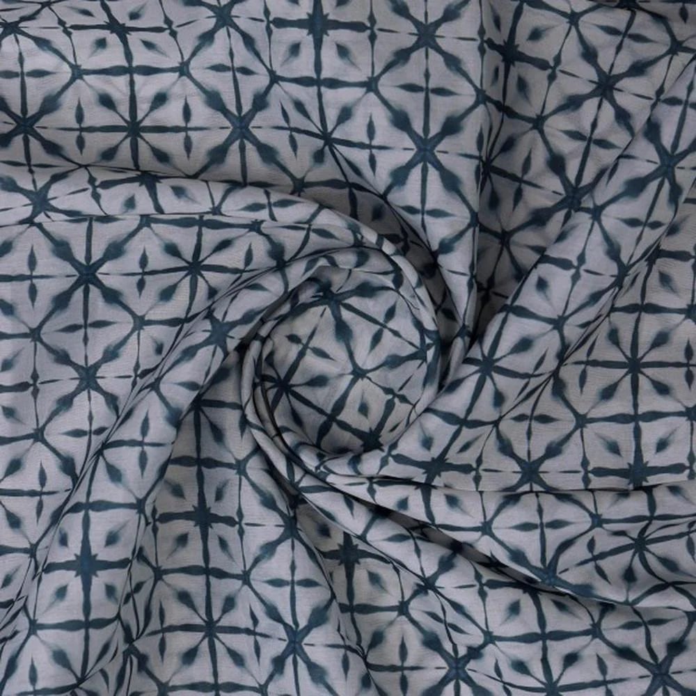 Teal Blue Geometric Tie & Dye Pattern Chanderi Fabric - Image 3