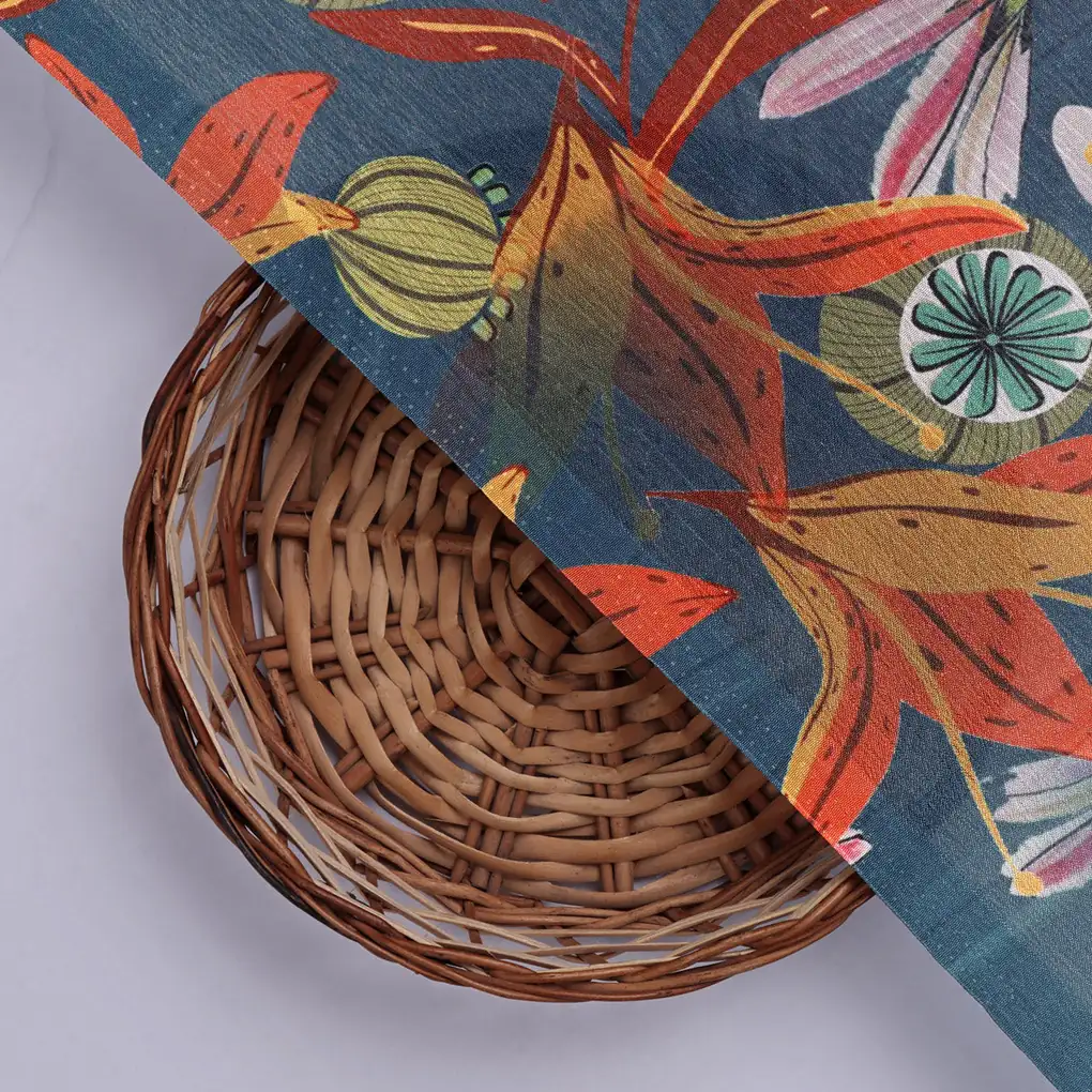 Teal Blue & Orange Autumnal Floral Printed Chinon Fabric - Image 2