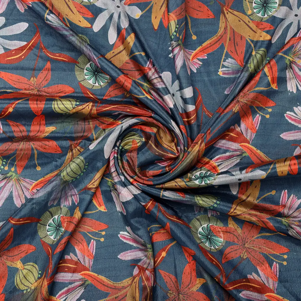 Teal Blue & Orange Autumnal Floral Printed Chinon Fabric - Image 3