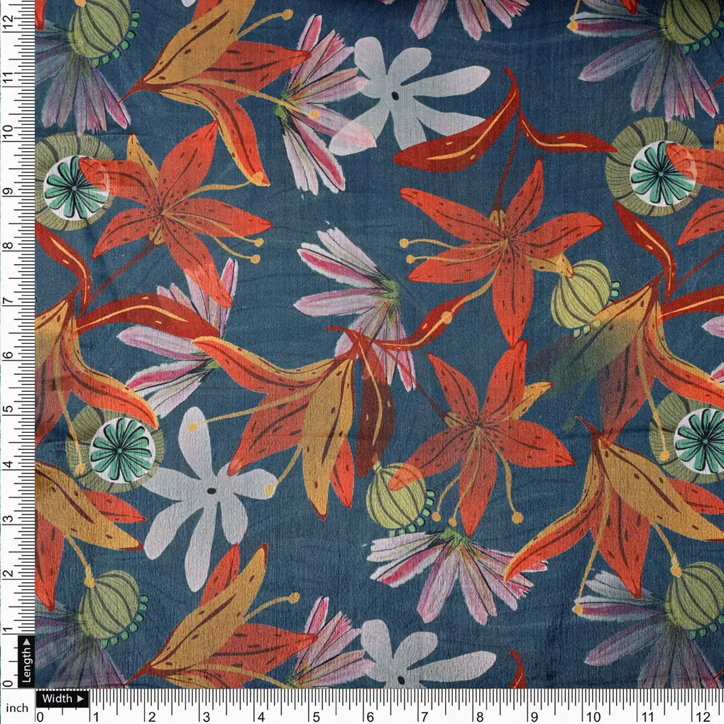 Teal Blue & Orange Autumnal Floral Printed Chinon Fabric - Image 4