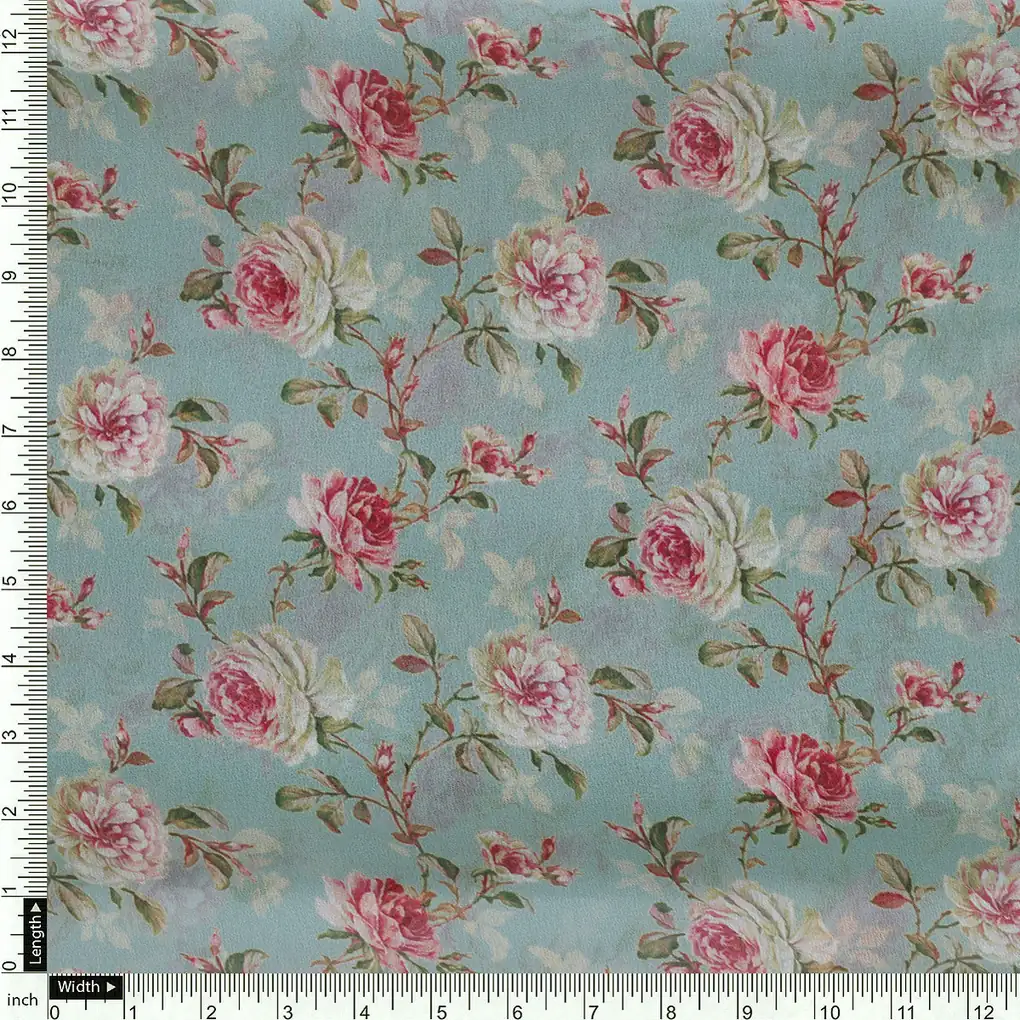 Teal Flower Weightless Printed Fabric - Image 4
