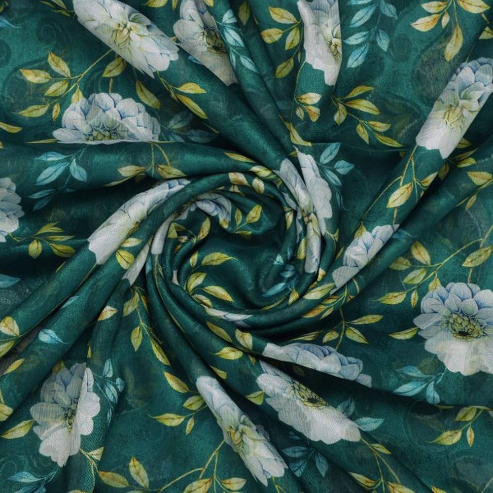 Teal Green & White Floral Garden Print Brasso Fabric - Image 2