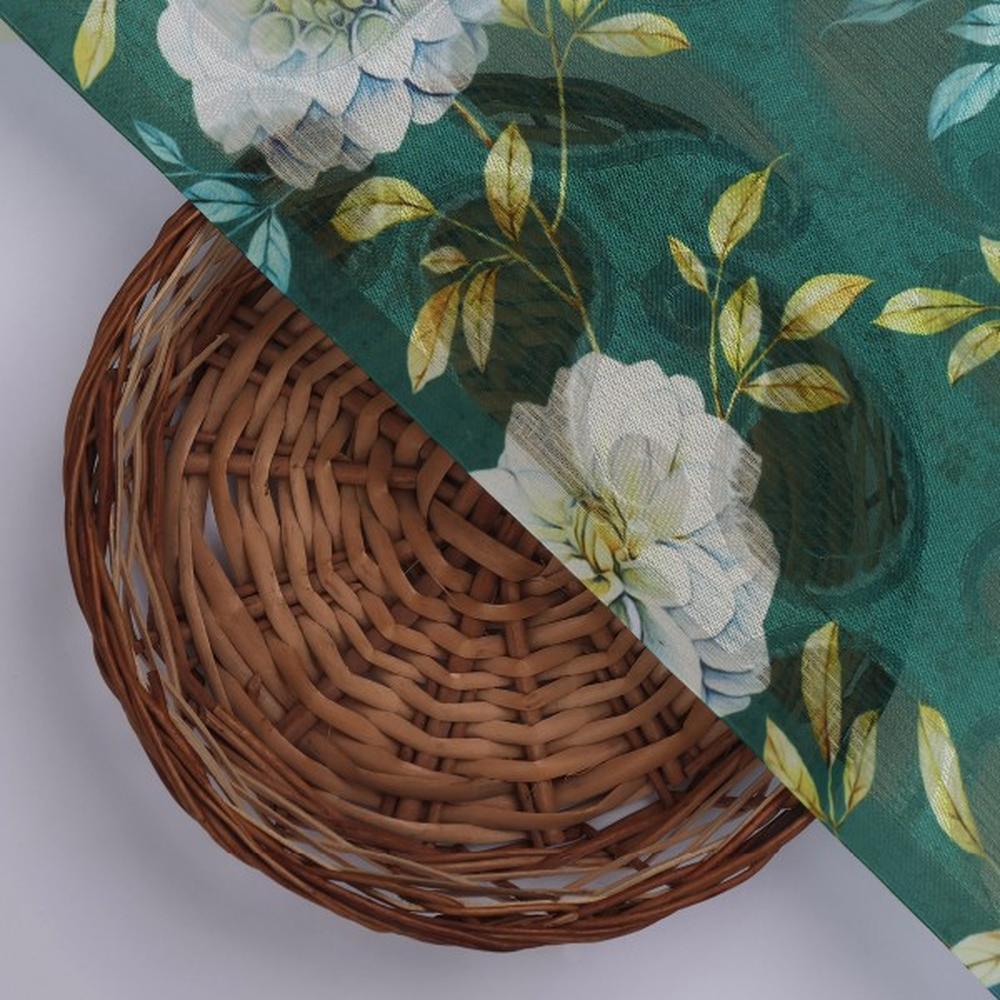 Teal Green & White Floral Garden Print Brasso Fabric - Image 3