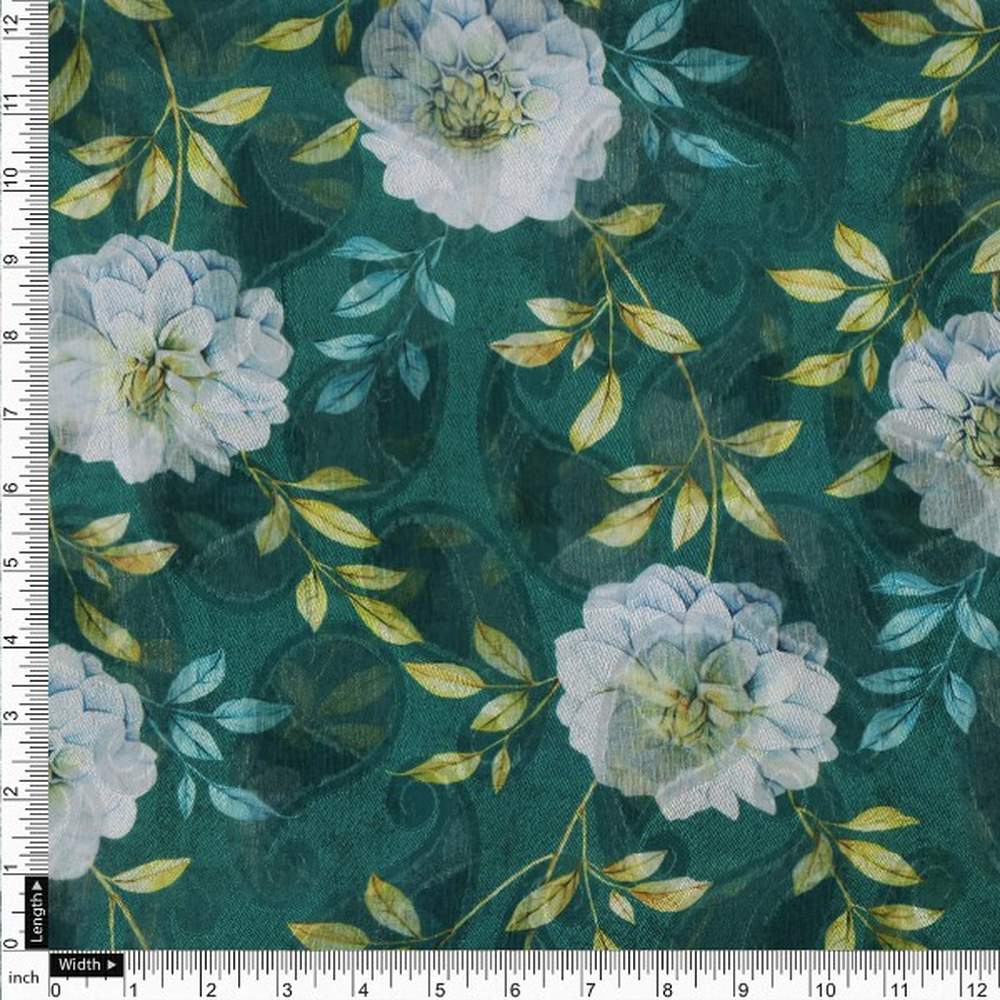 Teal Green & White Floral Garden Print Brasso Fabric - Image 4