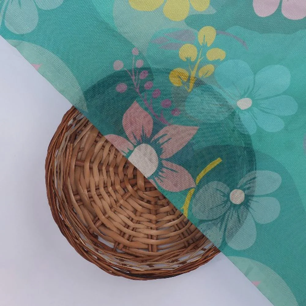 Teal Organza Floral Print Fabric - Image 3