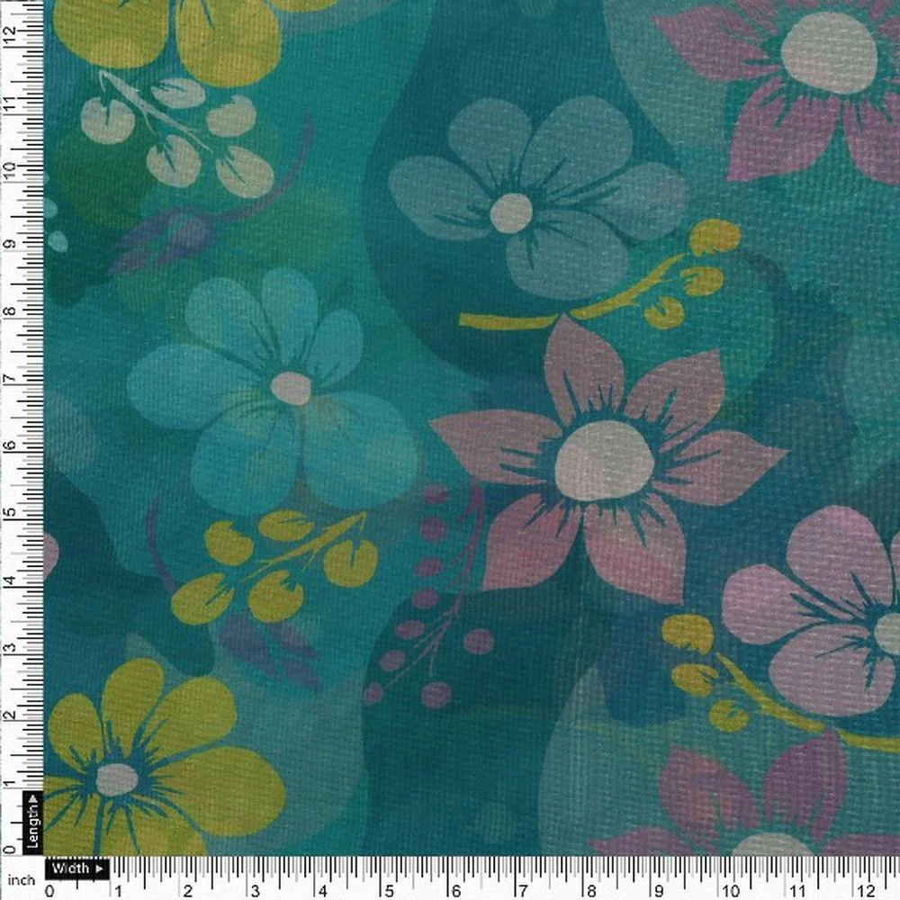 Teal Organza Floral Print Fabric - Image 4
