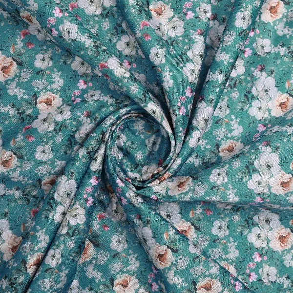 Teal Tusser Silk with Blooming Floral Print - Image 2