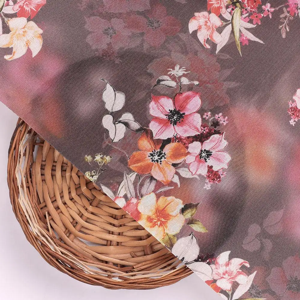 Three Colour Of Flower With Eucalyptus Leaves Digital Printed Fabric - Silk Crepe - Image 2
