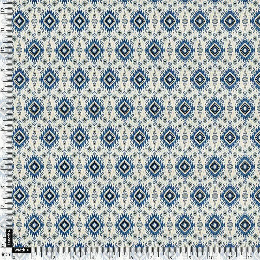 Tiny Blue Medallion Motif Digital Printed Fabric  - Kora Silk - Image 4