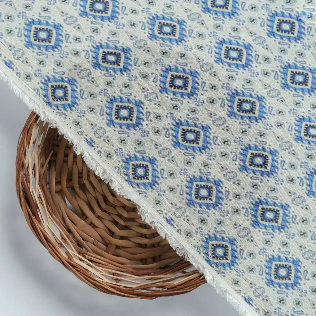 Tiny Blue Medallion Motif Digital Printed Fabric  - Pure Muslin - Image 3