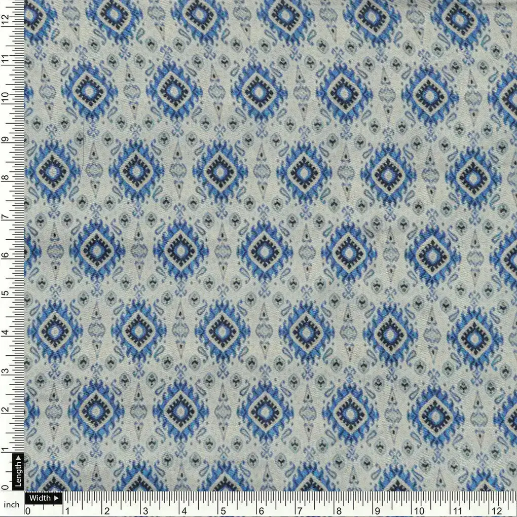 Tiny Blue Medallion Motif Digital Printed Fabric  - Pure Muslin - Image 4