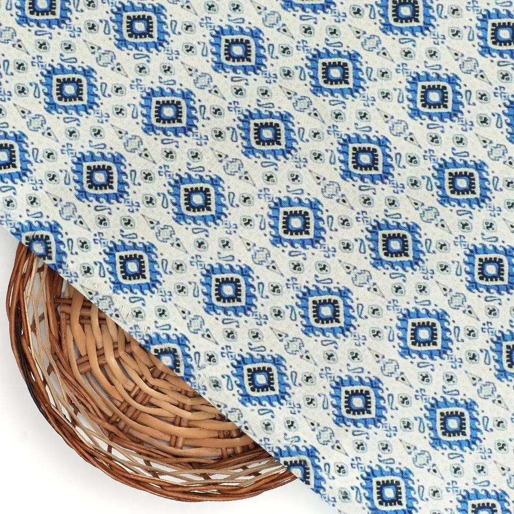Tiny Blue Medallion Motif Digital Printed Fabric  - Rayon - Image 2