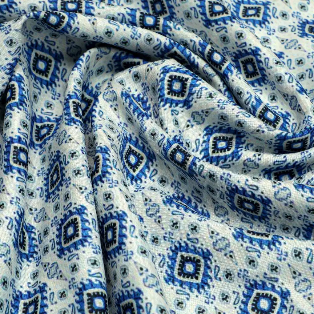 Tiny Blue Medallion Motif Digital Printed Fabric  - Rayon - Image 3