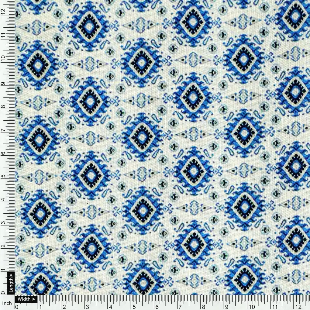Tiny Blue Medallion Motif Digital Printed Fabric  - Rayon - Image 4