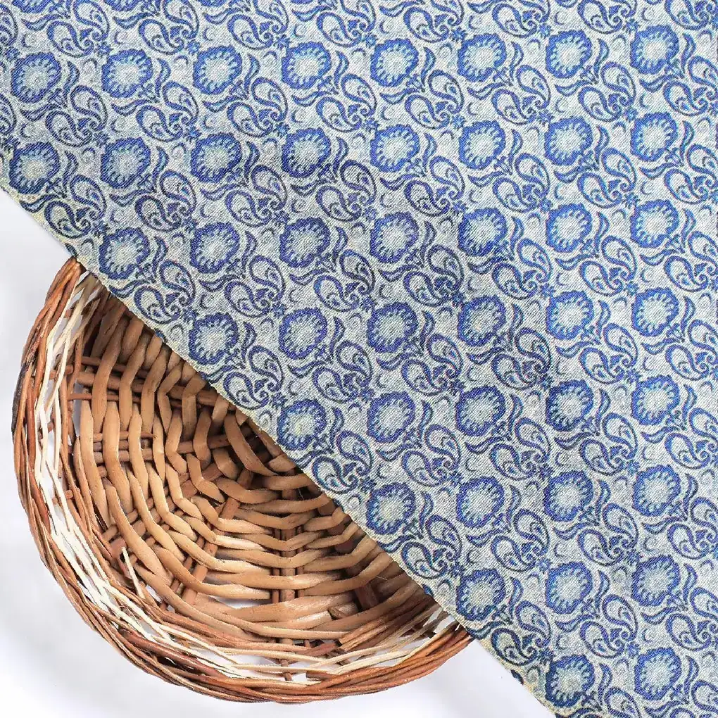 Tiny Blue Motif Allover Digital Printed Fabric - Tusser Silk - Image 2