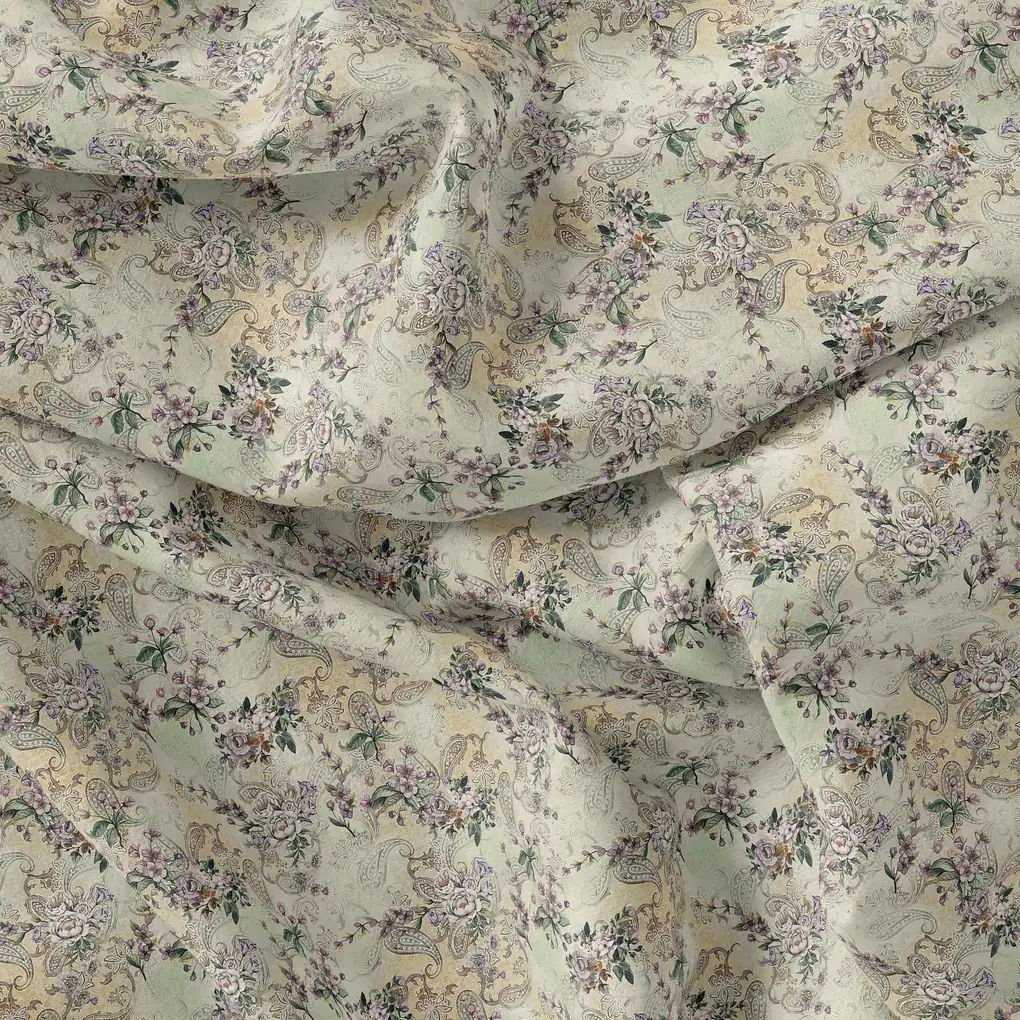 Tiny Border Paisley With Green Leaves Digital Printed Fabric - Pure Georgette - Image 4