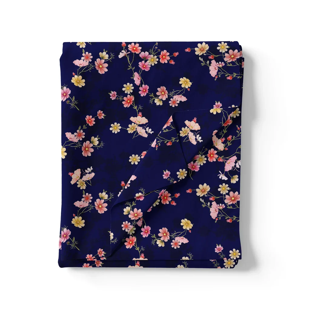 Tiny Colorfull Orchids Floral With Blue Background Digital Printed Fabric - Image 3