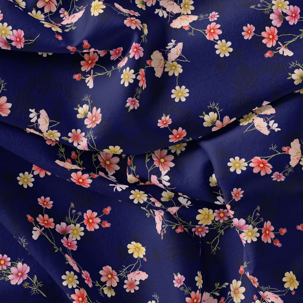 Tiny Colorfull Orchids Floral With Blue Background Digital Printed Fabric - Image 4