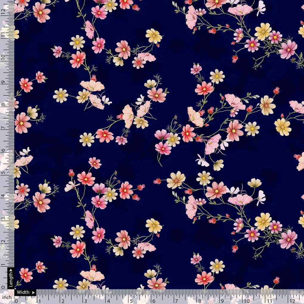 Tiny Colorfull Orchids Floral With Blue Background Digital Printed Fabric - Image 5