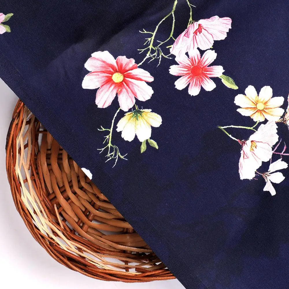 Tiny Colorfull Orchids Floral With Blue Background Digital Printed Fabric - Japan Satin - Image 2