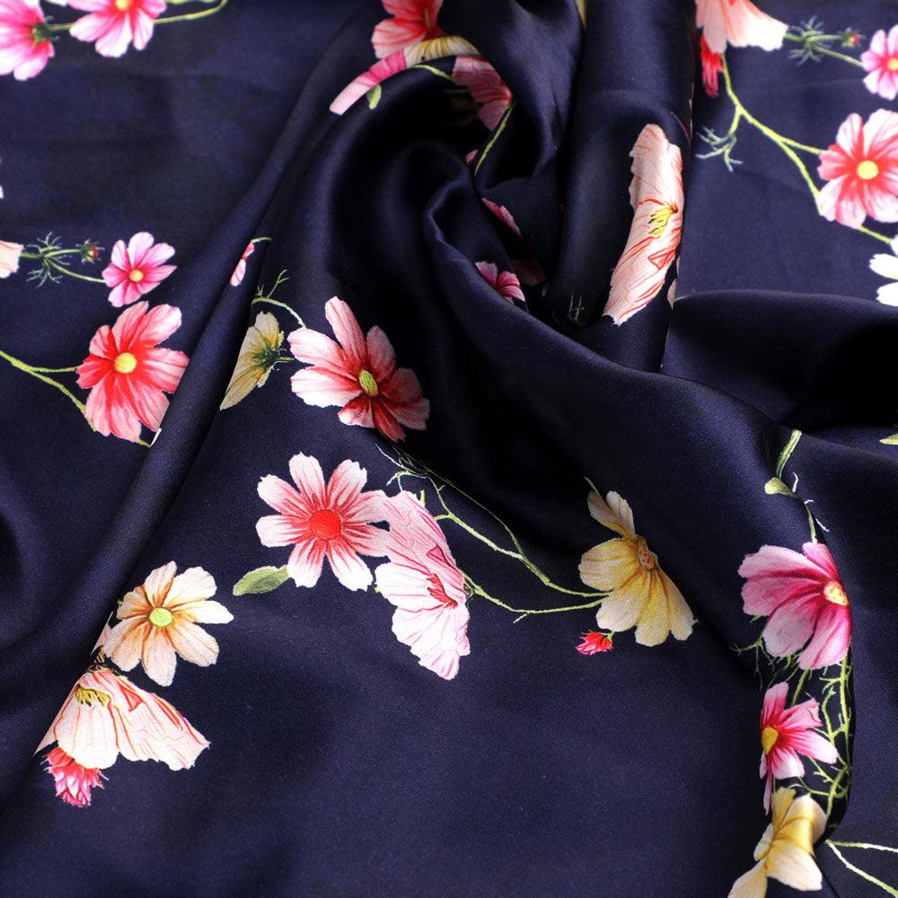 Tiny Colorfull Orchids Floral With Blue Background Digital Printed Fabric - Japan Satin - Image 3