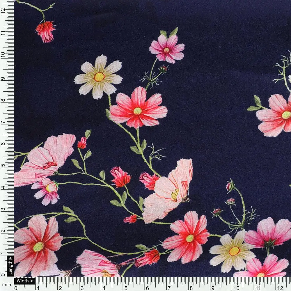Tiny Colorfull Orchids Floral With Blue Background Digital Printed Fabric - Japan Satin - Image 4