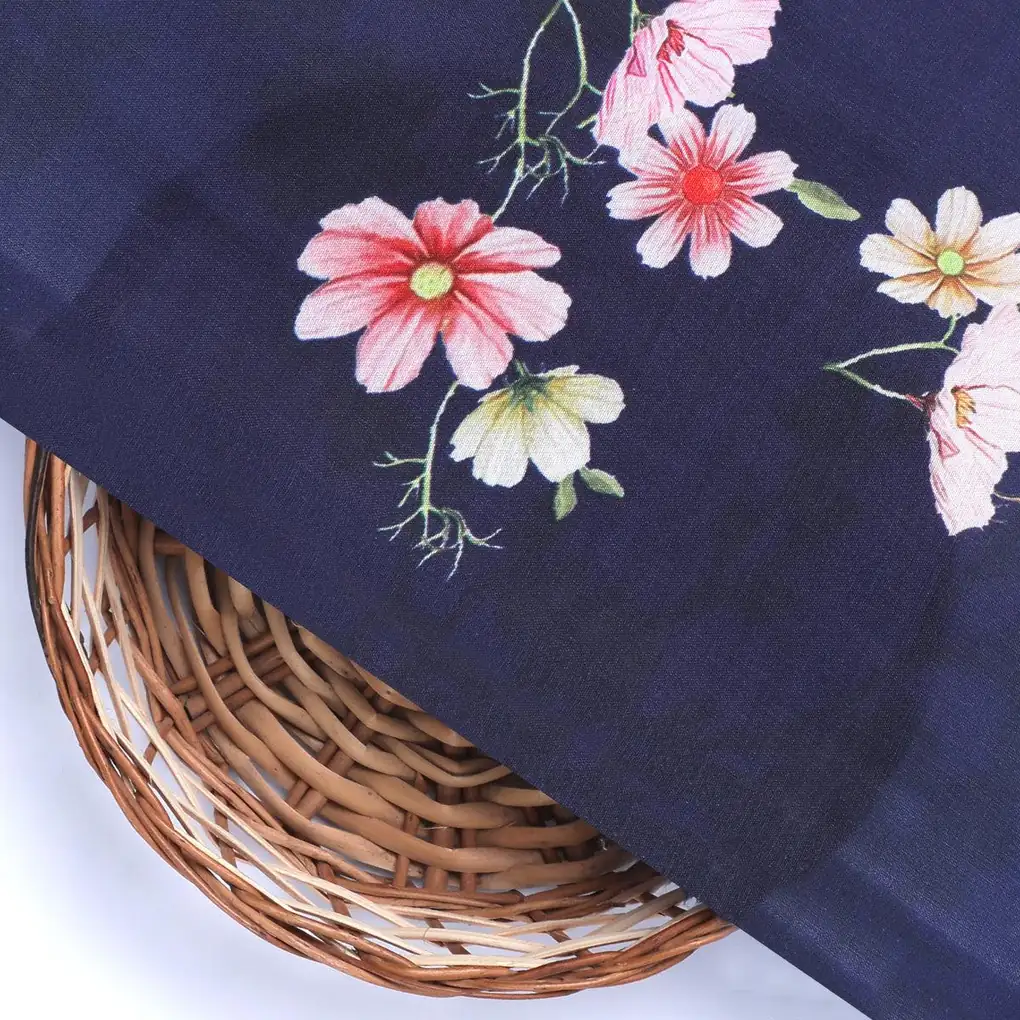 Tiny Colorfull Orchids Floral With Blue Background Digital Printed Fabric - Kora Silk - Image 2
