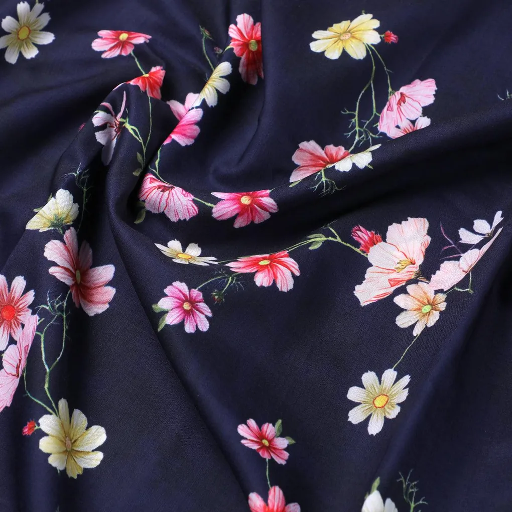 Tiny Colorfull Orchids Floral With Blue Background Digital Printed Fabric - Kora Silk - Image 3
