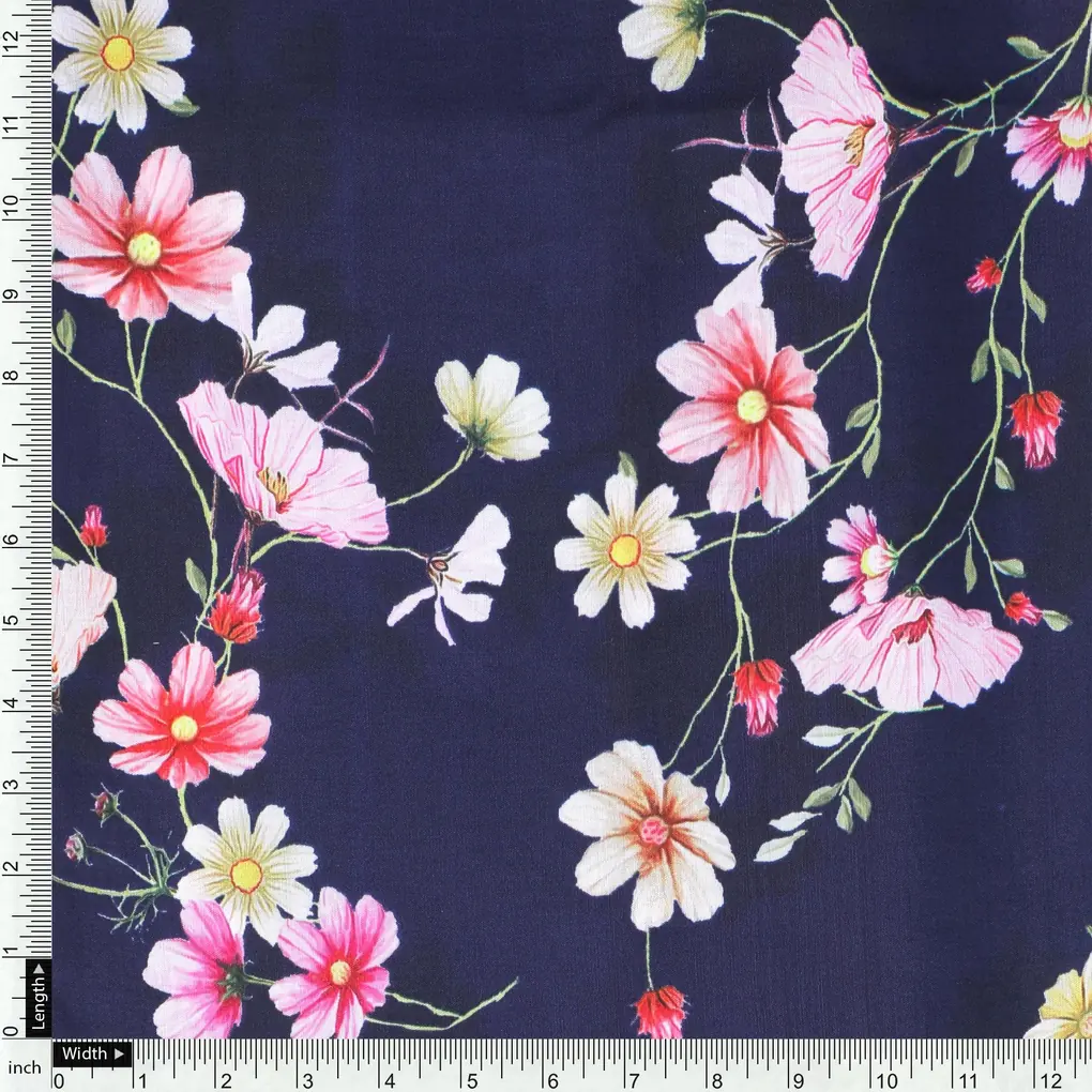 Tiny Colorfull Orchids Floral With Blue Background Digital Printed Fabric - Kora Silk - Image 4
