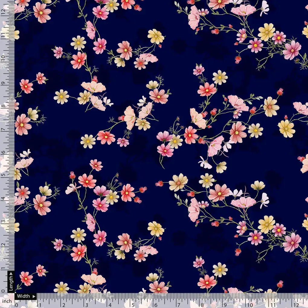 Tiny Colorfull Orchids Floral With Blue Background Digital Printed Fabric - Poly Muslin - Image 5