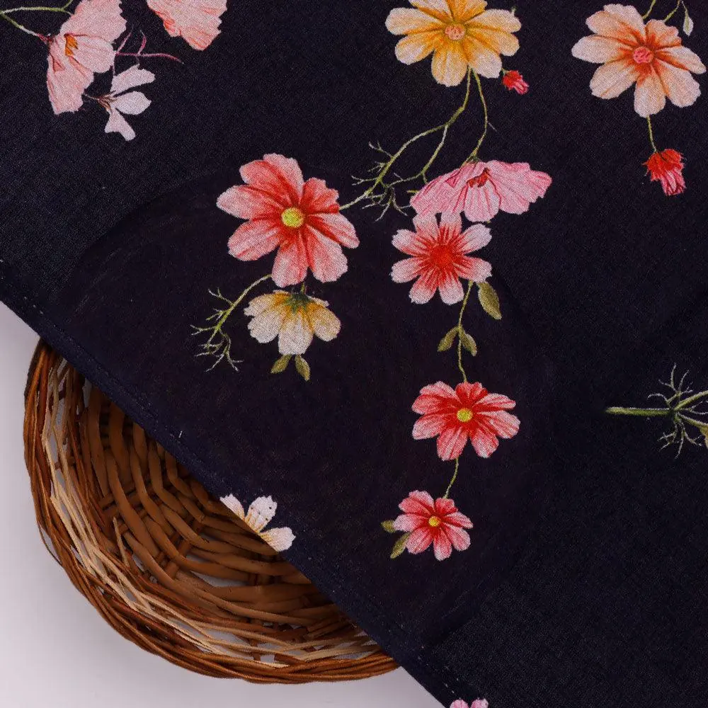Tiny Colorfull Orchids Floral With Blue Background Digital Printed Fabric - Pure Cotton - Image 2