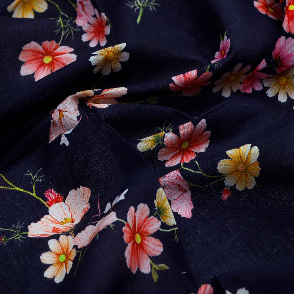 Tiny Colorfull Orchids Floral With Blue Background Digital Printed Fabric - Pure Cotton - Image 3