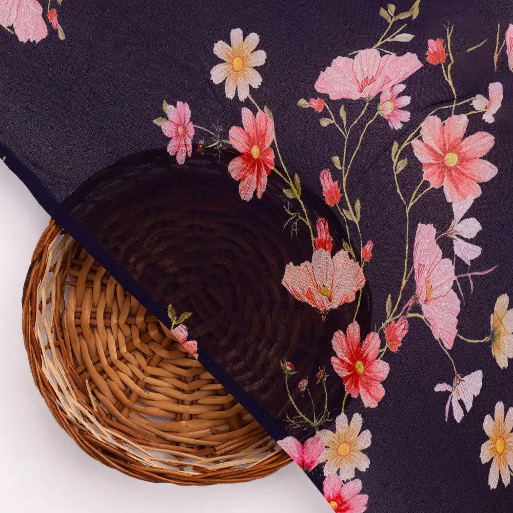 Tiny Colorfull Orchids Floral With Blue Background Digital Printed Fabric - Pure Georgette - Image 2