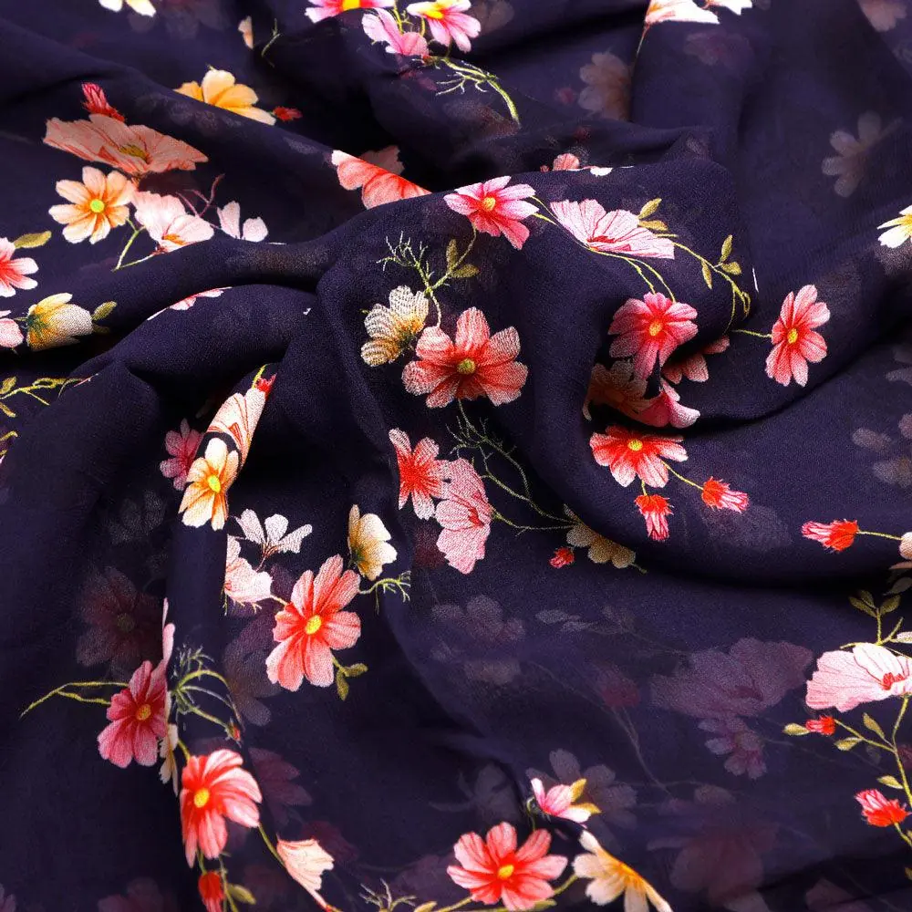 Tiny Colorfull Orchids Floral With Blue Background Digital Printed Fabric - Pure Georgette - Image 3