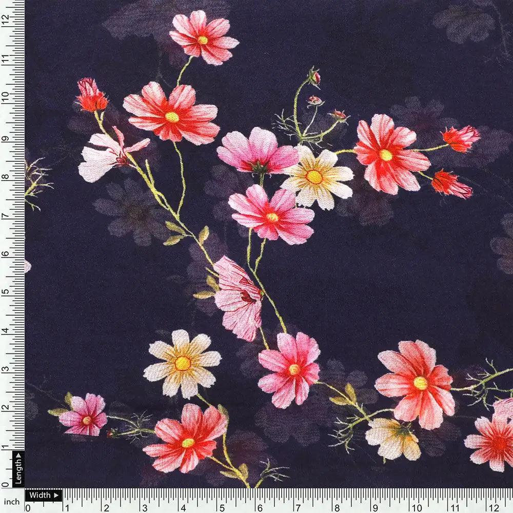 Tiny Colorfull Orchids Floral With Blue Background Digital Printed Fabric - Pure Georgette - Image 4