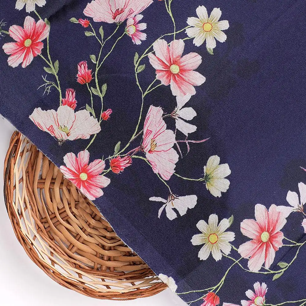 Tiny Colorfull Orchids Floral With Blue Background Digital Printed Fabric - Silk Crepe - Image 2