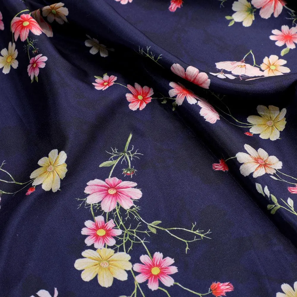 Tiny Colorfull Orchids Floral With Blue Background Digital Printed Fabric - Silk Crepe - Image 3