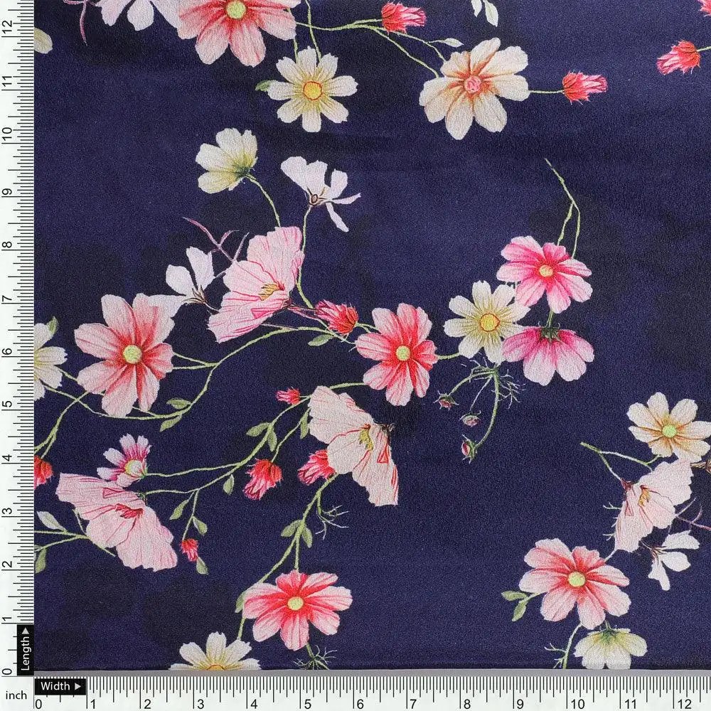 Tiny Colorfull Orchids Floral With Blue Background Digital Printed Fabric - Silk Crepe - Image 4