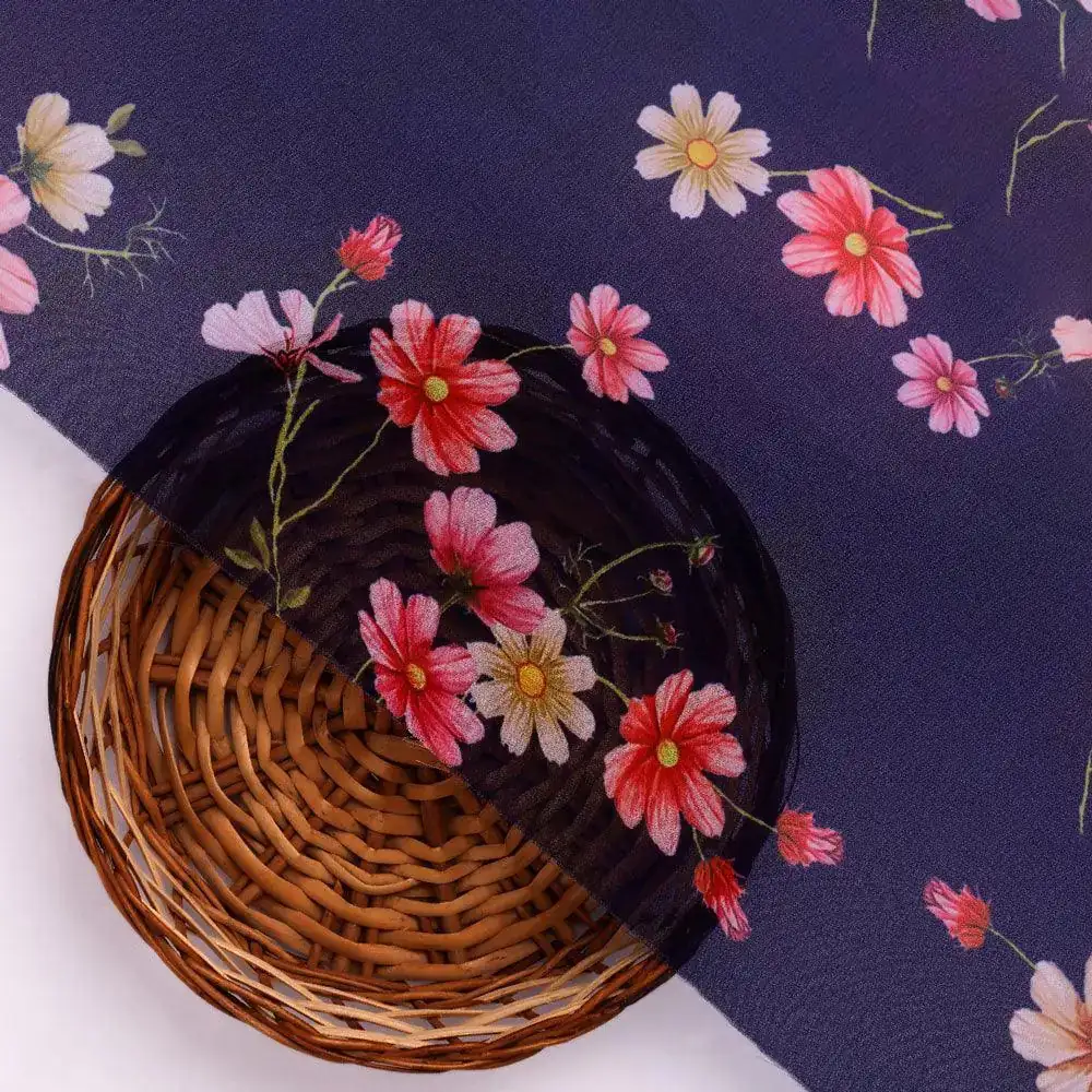 Tiny Colorfull Orchids Floral With Blue Background Digital Printed Fabric - Weightless - Image 2