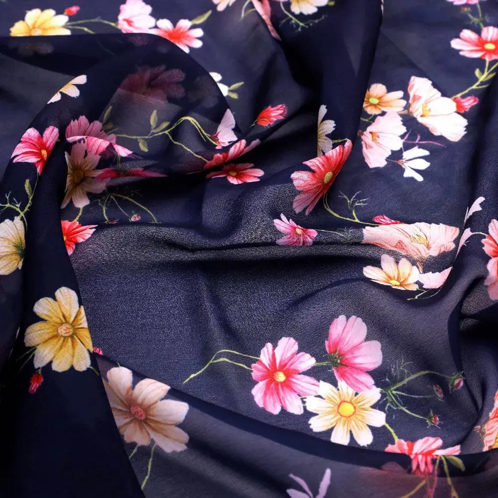 Tiny Colorfull Orchids Floral With Blue Background Digital Printed Fabric - Weightless - Image 3